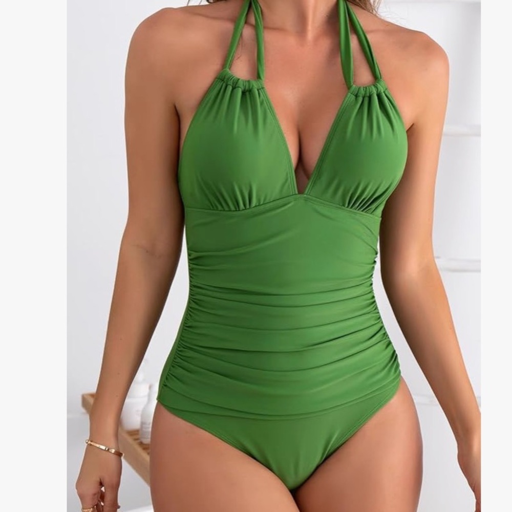 ❤️NEW Green One-Piece Halter Swimsuit / Tummy Control Slimming / X-Large